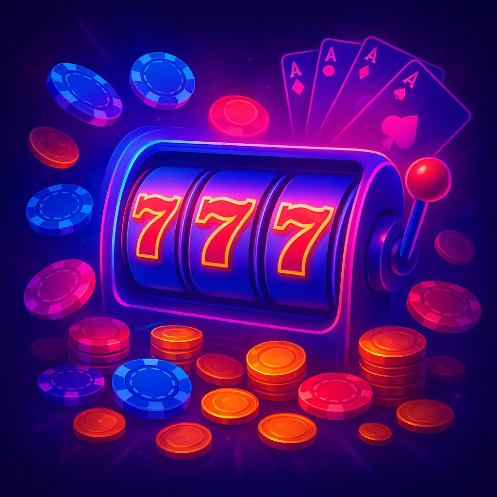 Illustration of SpinBoss casino slot reels and chips with neon purple and pink lights