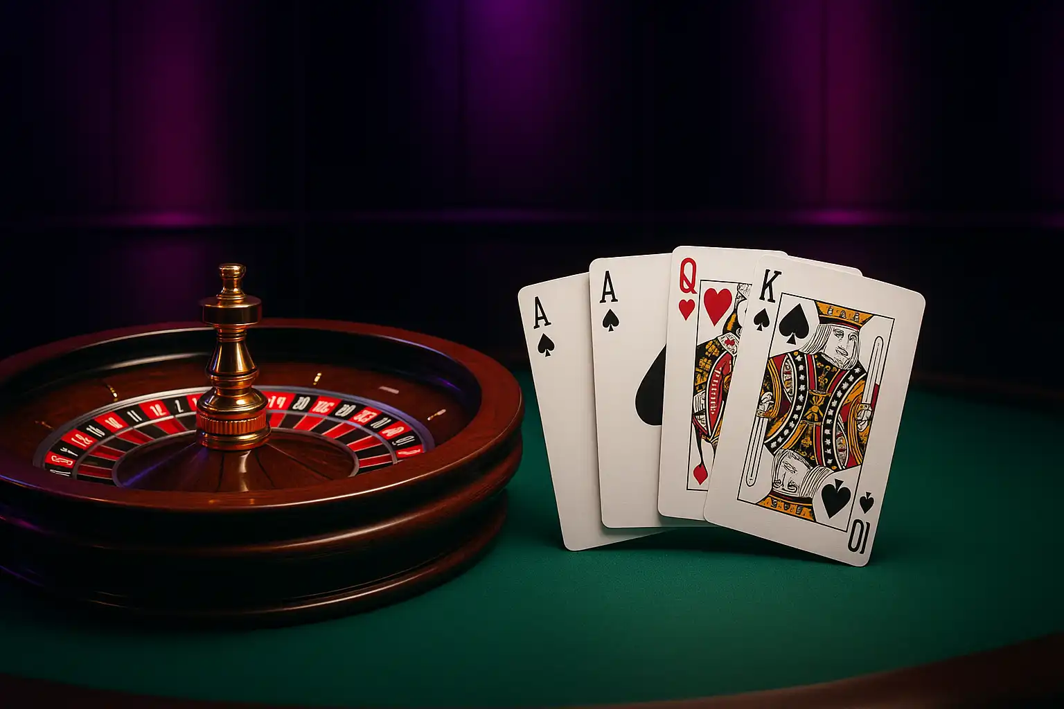 Live dealer casino table with roulette wheel and cards under studio lighting