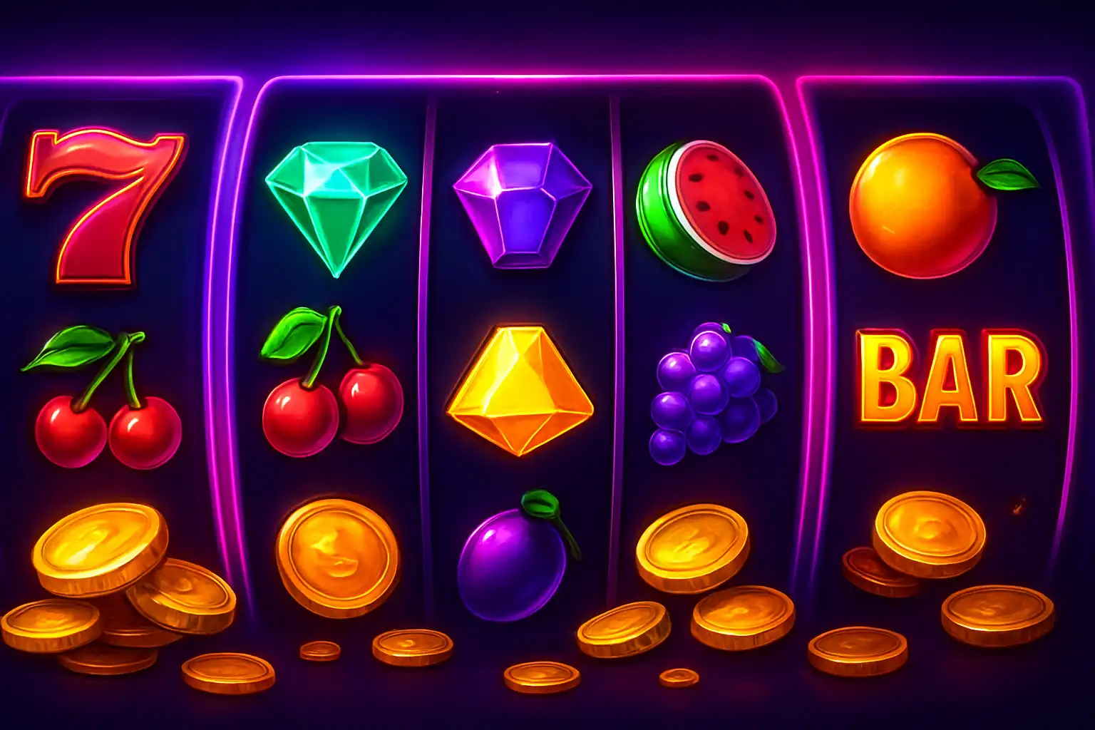 Collage of colourful online slot machine reels with gold coins and gems