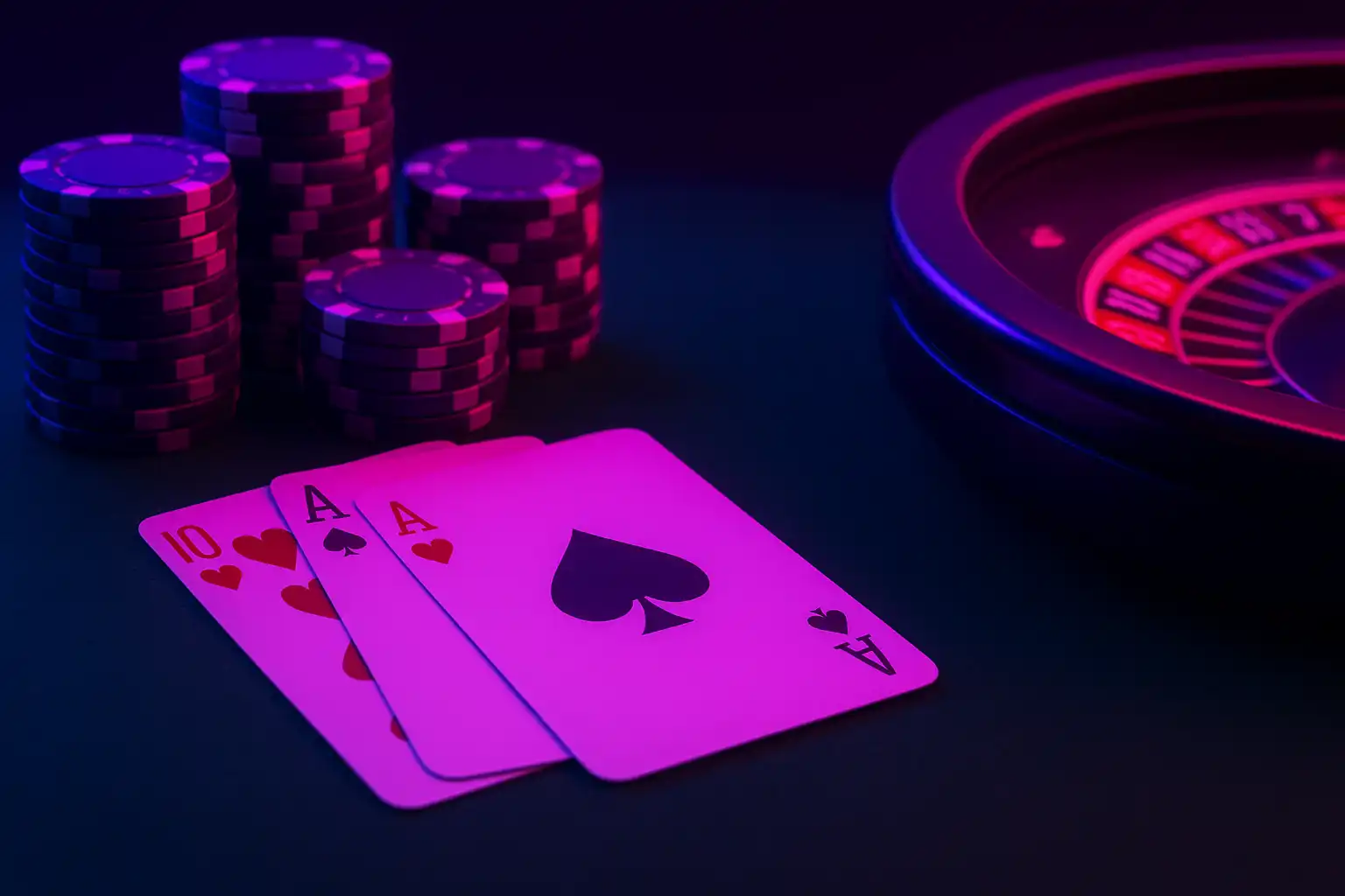 Casino table games including blackjack cards, poker chips and a roulette wheel